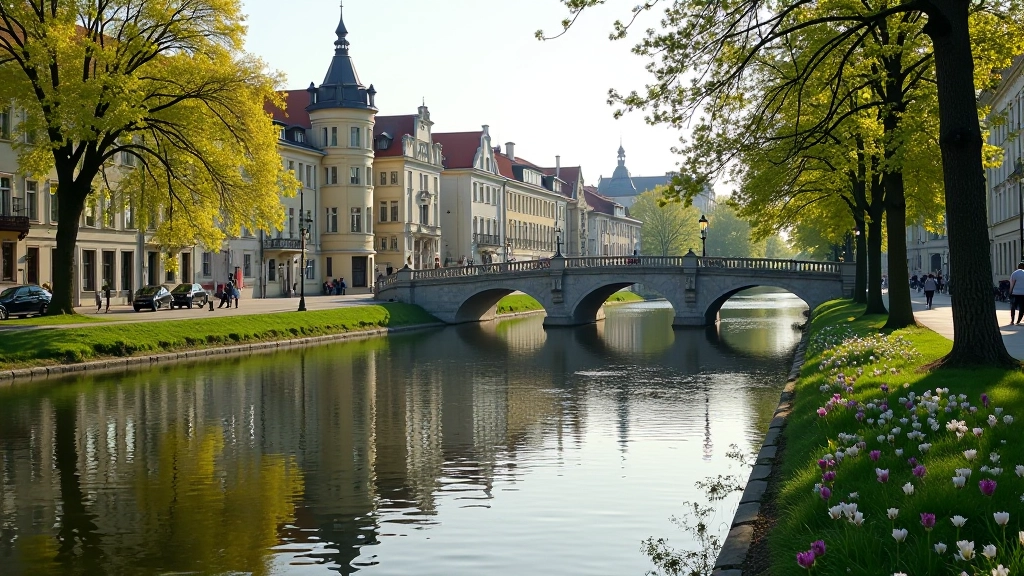Skaista Rīgas kanāla promenāde ar vēsturiskajām ēkām un tiltiņiem, pavasara laika attēls